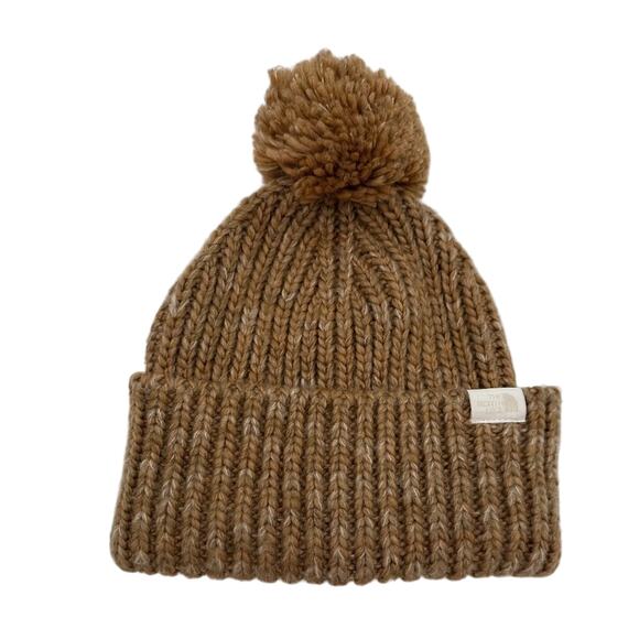 The North Face Beanie Hat Chunky Knit Pom Pom Bobble Beige Brown - Picture 1 of 3